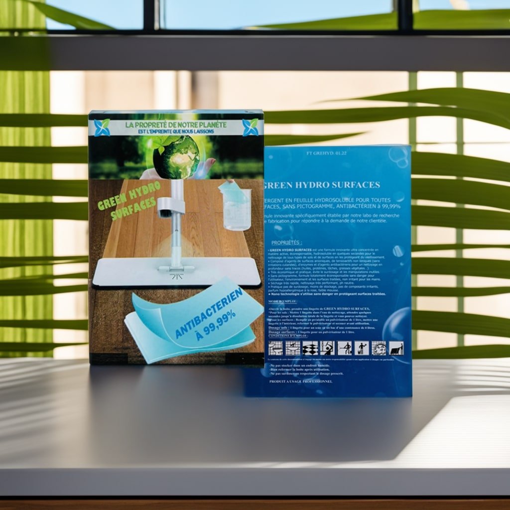 GREEN HYDRO SURFACES 4X60 LINGETTES – DÉTERGENT EN FEUILLE HYDROSOLUBLE POUR TOUTES SURFACES, ECORESPOSABLE, ENZYMATIQUE, ANTIBACTÉRIEN À 99,99%